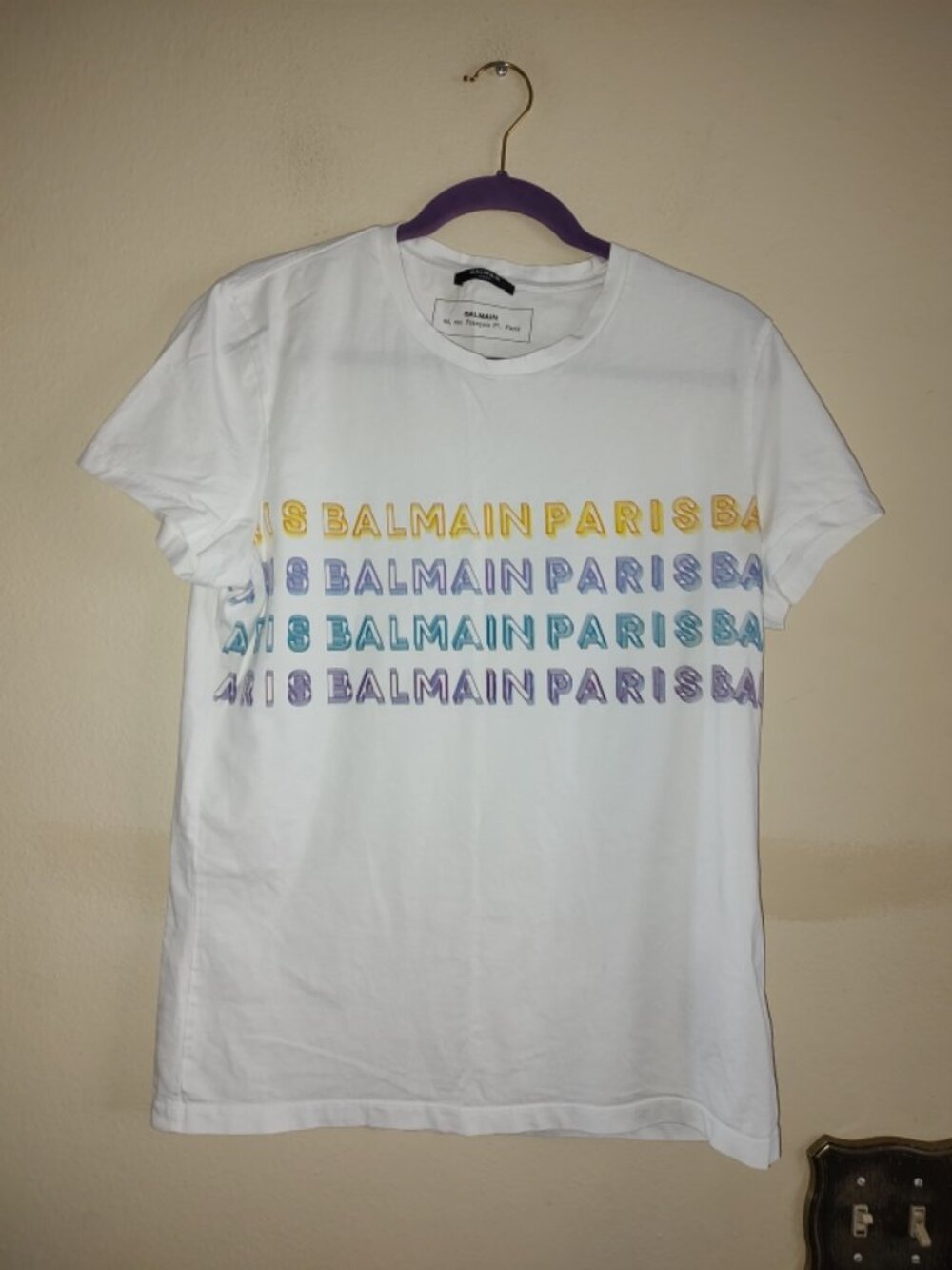 Balmain Paris Men’s Multicolored Logo White T Shirt Size Large